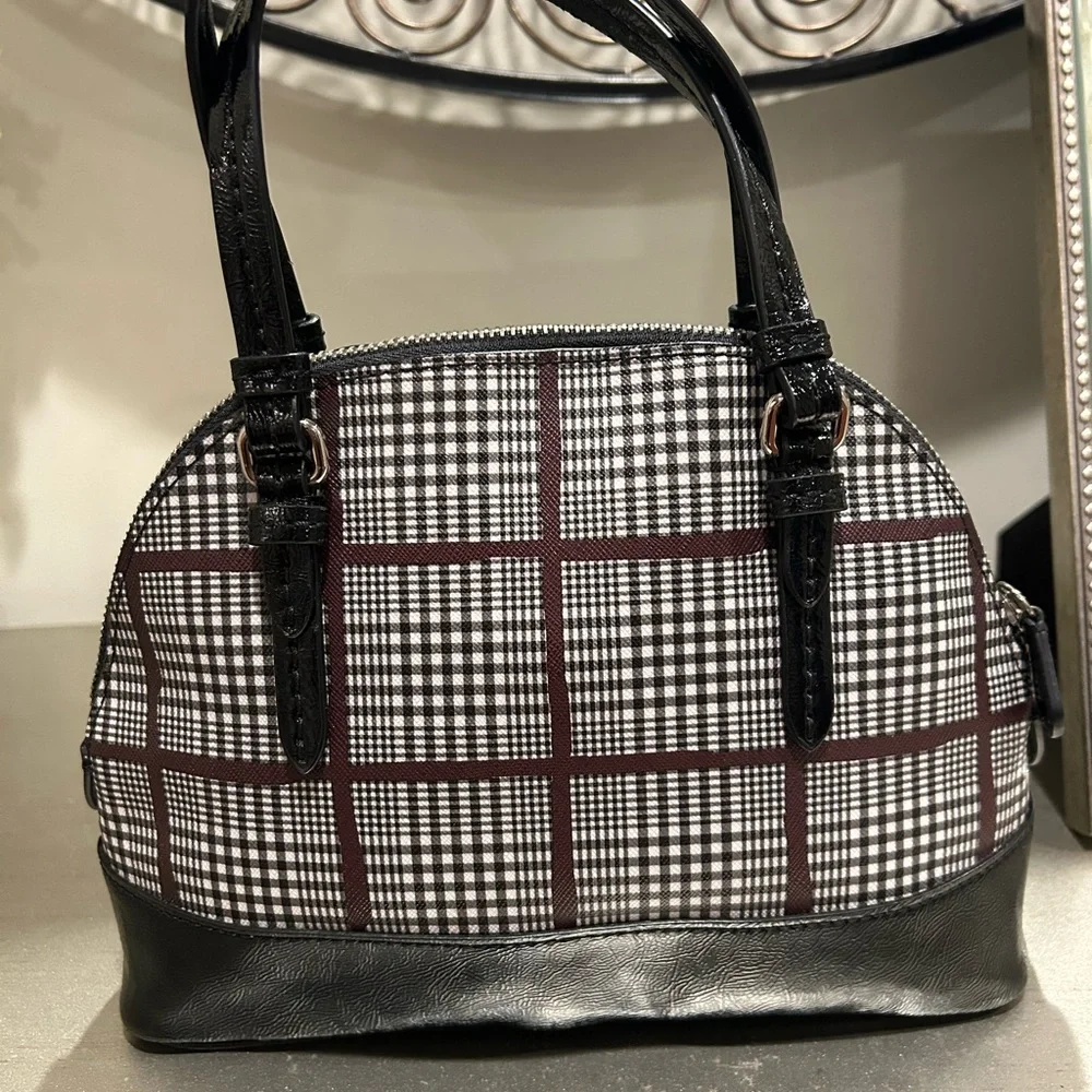 Coach Black & White Plaid Satchel with Burgundy Grid